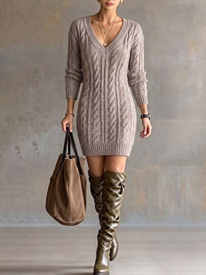 SHEIN Raffinéa Women's V-Neck Slim Fit Long Sleeve Sweater Dress, Casual Knitted Autumn/Winter Clothing, Autumn/Winter Oatmeal Color Slim Fit Dress, Fashionable Slim Fit Versatile 3D Twisted Rope Sweater Dress