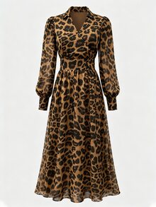 Balvessa Vintage Sexy Leopard Print Waist-Cinching Flowy Long Dress For Women Party Date Brown Zebra Print Autumn - Multicolor - View 7