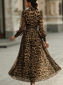 Balvessa Vintage Sexy Leopard Print Waist-Cinching Flowy Long Dress For Women Party Date Brown Zebra Print Autumn - Multicolor - View 3