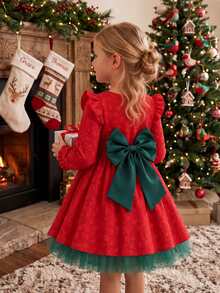 Glamorique Kids Girls Autumn/Winter Back To School Round Neck Flutter Sleeve Ruffle Long Sleeve Red Jacquard Green Waist Satin Patchwork Bow Princess Dress - Multicolor - View 3