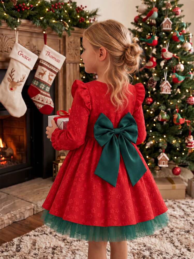 Glamorique Kids 女童秋冬返校圓領荷葉袖荷碼長袖紅色提花綠腰緞面拼接蝴蝶結公主洋裝 - 彩色 - 查看 3