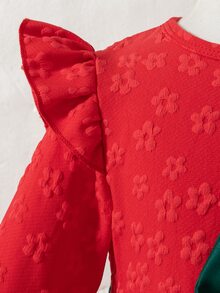Glamorique Kids Girls Autumn/Winter Back To School Round Neck Flutter Sleeve Ruffle Long Sleeve Red Jacquard Green Waist Satin Patchwork Bow Princess Dress - Multicolor - View 7