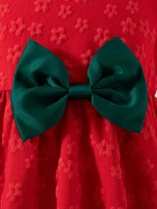 Glamorique Kids Girls Autumn/Winter Back To School Round Neck Flutter Sleeve Ruffle Long Sleeve Red Jacquard Green Waist Satin Patchwork Bow Princess Dress - Multicolor - View 9