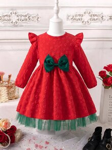Glamorique Kids Girls Autumn/Winter Back To School Round Neck Flutter Sleeve Ruffle Long Sleeve Red Jacquard Green Waist Satin Patchwork Bow Princess Dress - Multicolor - View 2