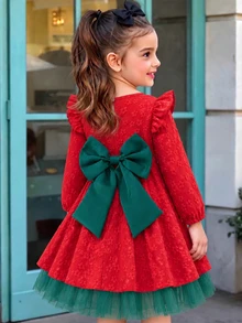 Glamorique Kids Girls Autumn/Winter Back To School Round Neck Flutter Sleeve Ruffle Long Sleeve Red Jacquard Green Waist Satin Patchwork Bow Princess Dress - Multicolor - View 4