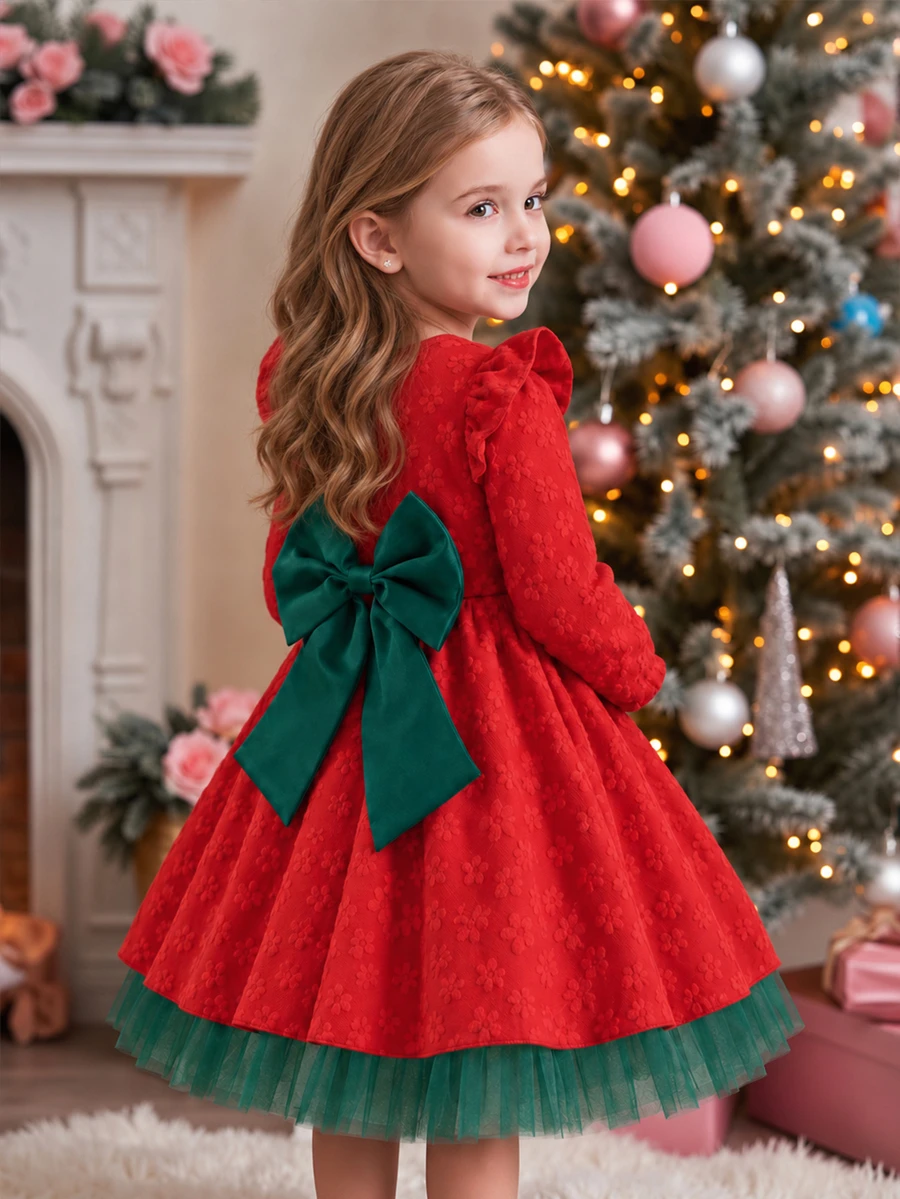 Glamorique Kids Girls Autumn/Winter Back To School Round Neck Flutter Sleeve Ruffle Long Sleeve Red Jacquard Green Waist Satin Patchwork Bow Princess Dress - Multicolor - View 1