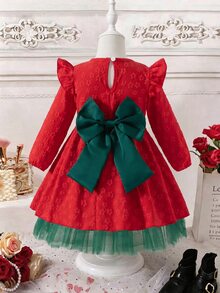 Glamorique Kids Girls Autumn/Winter Back To School Round Neck Flutter Sleeve Ruffle Long Sleeve Red Jacquard Green Waist Satin Patchwork Bow Princess Dress - Multicolor - View 5