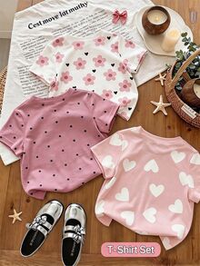 SHEIN Set Atasan Kasual Lucu untuk Anak Perempuan (3 buah) - MultiWarna - View 2