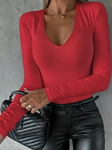 INAWLY Casual Versatile Solid Color Slim Fit Long Sleeve T-Shirt Autumn Cloth For Women Going Out Red - Red - View 1