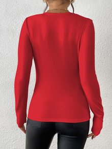 INAWLY Casual Versatile Solid Color Slim Fit Long Sleeve T-Shirt Autumn Cloth For Women Going Out Red - Red - View 2