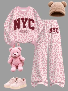 粉色時尚運動風拼色字母 NYC 圖案印花，青少年女孩休閒柔軟舒適寬鬆圓領套頭衛衣與寬腿褲套裝，適合秋冬日常、街頭、新風格、時尚女孩、校園風返校穿搭 - 彩色 - 查看 4