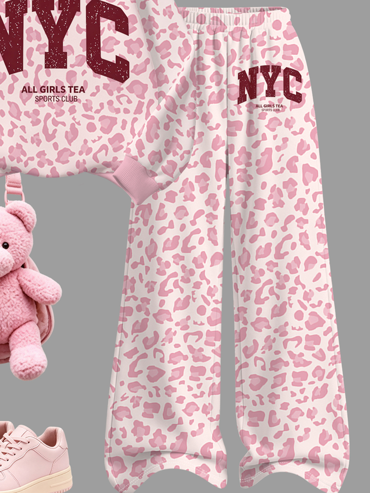 Pink Fashion Sporty Colorblock Letter NYC Graphic Print, Tween Girl Casual Soft Comfortable Loose Crew Neck Pullover Sweatshirt & Wide Leg Pants Set, Suitable For Autumn/Winter Daily, Street, New Style, Chic Girl, Campus Chic Back To School - Multicolor - View 7