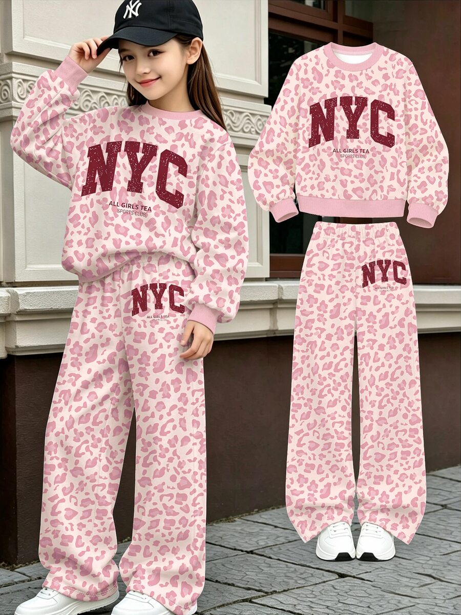 粉色時尚運動風拼色字母 NYC 圖案印花,青少年女孩休閒柔軟舒適寬鬆圓領套頭衛衣與寬腿褲套裝,適合秋冬日常、街頭、新風格、時尚女孩、校園風返校穿搭 - 彩色 - 查看 1