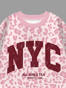 粉色時尚運動風拼色字母 NYC 圖案印花，青少年女孩休閒柔軟舒適寬鬆圓領套頭衛衣與寬腿褲套裝，適合秋冬日常、街頭、新風格、時尚女孩、校園風返校穿搭 - 彩色 - 查看 5