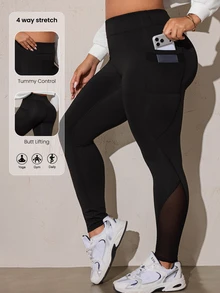 Easithlete Plus Size Women's Casual Mesh Patchwork Pocket Yoga Leggings - Black - View 1