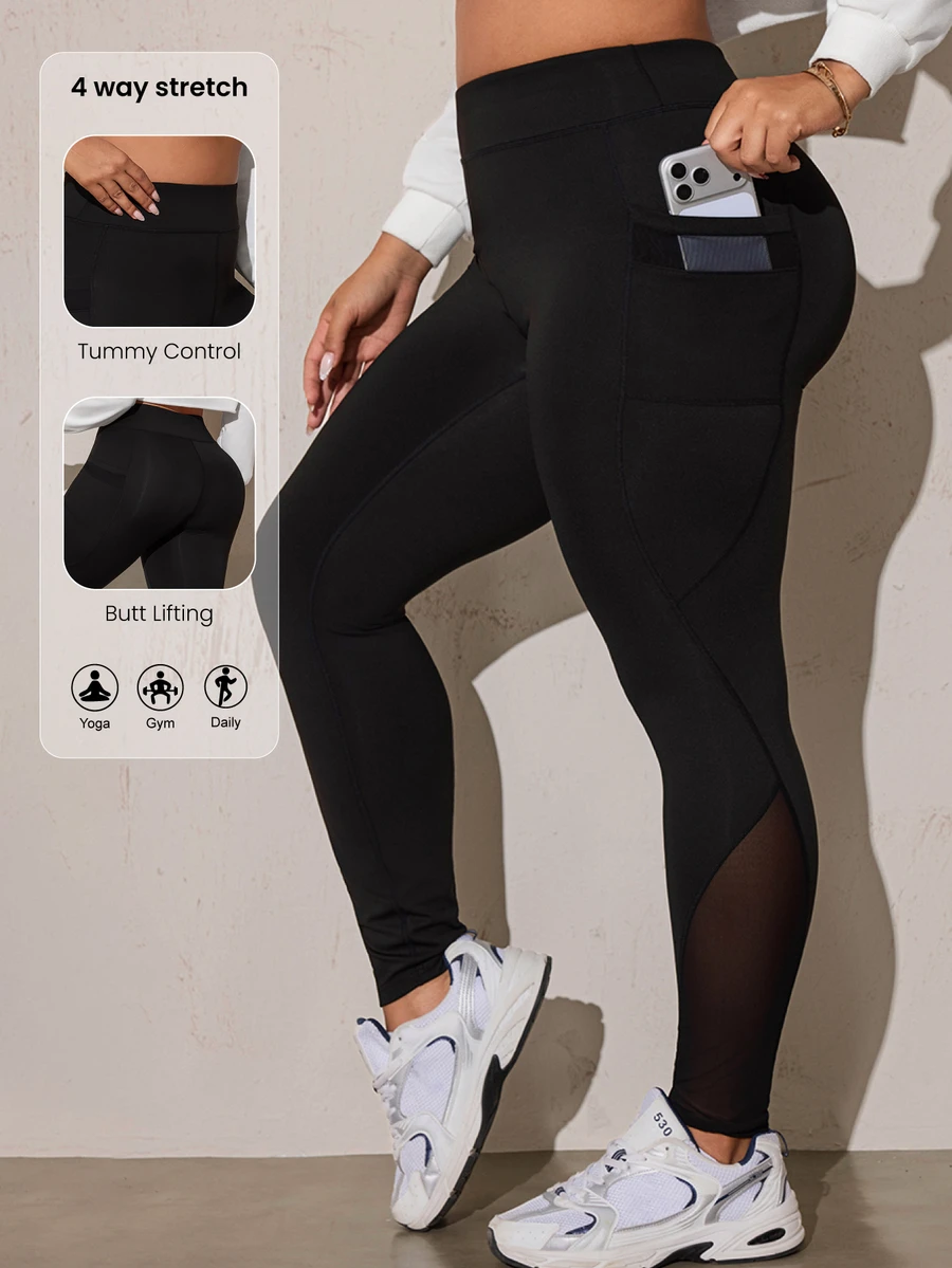 Easithlete Plus Size Women's Casual Mesh Patchwork Pocket Yoga Leggings - Black - View 1