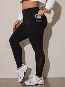 Easithlete Plus Size Women's Casual Mesh Patchwork Pocket Yoga Leggings - Black - View 4