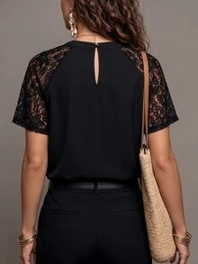 SHEIN Clasi Blusa con encaje en contraste de manga raglán de cuello con abertura de ojo - Negro - Ver 2