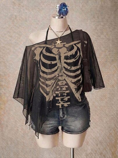 SHEIN ICON Blusa de mujer talla grande con cuello asimétrico, manga corta de murciélago, malla estampada