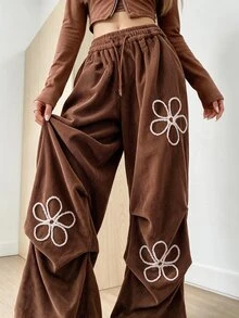 SHEIN Quần dài dáng rộng tối giản thời trang họa tiết hoa thủ công đặc biệt dành cho nữ, quà tặng cho bạn bè - màu nâu - Xem 3