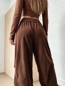 SHEIN Quần dài dáng rộng tối giản thời trang họa tiết hoa thủ công đặc biệt dành cho nữ, quà tặng cho bạn bè - màu nâu - Xem 2