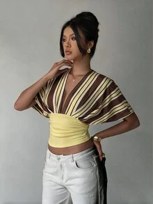 Aloruh Women's Colorblock Striped Patchwork Batwing Sleeve Waist-Cinching T-Shirt - Multicolor - View 7