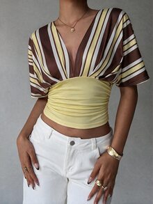 Aloruh Women's Colorblock Striped Patchwork Batwing Sleeve Waist-Cinching T-Shirt - Multicolor - View 5