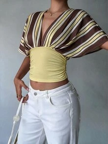 Aloruh Women's Colorblock Striped Patchwork Batwing Sleeve Waist-Cinching T-Shirt - Multicolor - View 4
