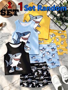 1套隨機款 嬰兒男童卡通鯊魚動物印花圓領無袖背心與短褲 2件式夏季休閒套裝 - 彩色 - 查看 1