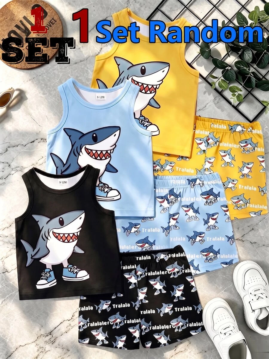 1套隨機款 嬰兒男童卡通鯊魚動物印花圓領無袖背心與短褲 2件式夏季休閒套裝 - 彩色 - 查看 1