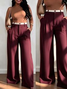 GlowEve CURVE Plus Size Women's Colorblock Waist Straight Leg Pants Fall - Burgundy - View 7