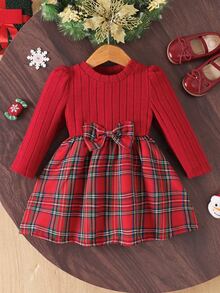 SHEIN Playful Pals 2件組女嬰可愛甜美紅色格紋蝴蝶結羅紋蘇格蘭格長袖圓領休閒派對冬季酒紅色度假洋裝附髮箍 - 紅色 - 查看 3