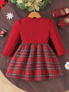 SHEIN Playful Pals 2件組女嬰可愛甜美紅色格紋蝴蝶結羅紋蘇格蘭格長袖圓領休閒派對冬季酒紅色度假洋裝附髮箍 - 紅色 - 查看 2