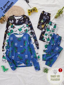 Boys' Black Base Simple Fashionable Blue Print Pattern Long Sleeve Fall Autumn/Winter Pants Snug Fit Loungewear Crew Neck Knit Cartoon Animal 2pcs - Multicolor - View 5