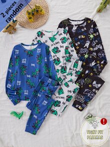 Boys' Black Base Simple Fashionable Blue Print Pattern Long Sleeve Fall Autumn/Winter Pants Snug Fit Loungewear Crew Neck Knit Cartoon Animal 2pcs - Multicolor - View 4