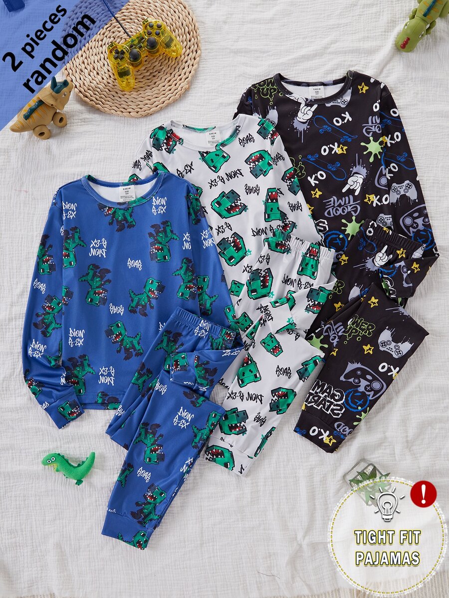 Boys' Black Base Simple Fashionable Blue Print Pattern Long Sleeve Fall Autumn/Winter Pants Snug Fit Loungewear Crew Neck Knit Cartoon Animal 2pcs