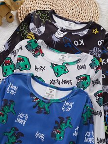 Boys' Black Base Simple Fashionable Blue Print Pattern Long Sleeve Fall Autumn/Winter Pants Snug Fit Loungewear Crew Neck Knit Cartoon Animal 2pcs - Multicolor - View 6
