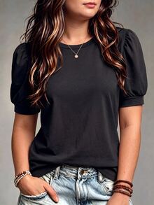 SHEIN LUNE Basic Casual Bubble Short Sleeve Crew Neck Black Plus Size T-Shirt - Black - View 1