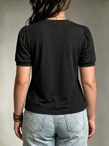 SHEIN LUNE Basic Casual Bubble Short Sleeve Crew Neck Black Plus Size T-Shirt - Black - View 2