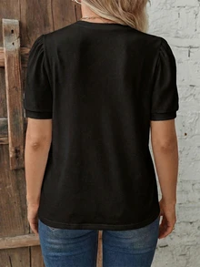 SHEIN LUNE Basic Casual Bubble Short Sleeve Crew Neck Black Plus Size T-Shirt - Black - View 4