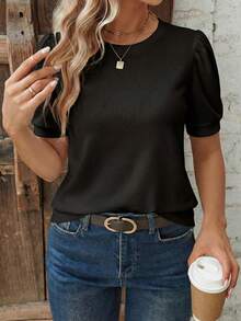 SHEIN LUNE Basic Casual Bubble Short Sleeve Crew Neck Black Plus Size T-Shirt - Black - View 3