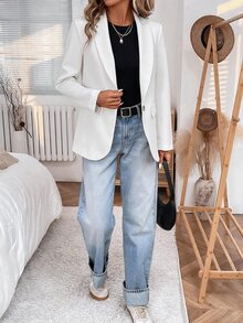 SHEIN LUNE 白色女款收腰前扣西裝外套 辦公商務休閒優雅秋季款 - 白色 - 查看 5