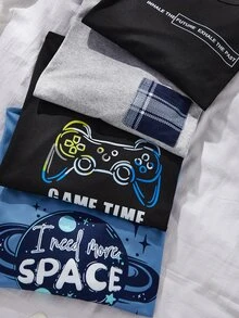 SHEIN 4 Random Sets Out Of 1 Pajama Set: Boys' Simple Gentleman Plaid Long Sleeve Solid Color Pocket Top Homewear + Iridescent Game Console + Letter Print - Multicolor - View 4
