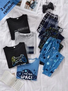 SHEIN 4 Random Sets Out Of 1 Pajama Set: Boys' Simple Gentleman Plaid Long Sleeve Solid Color Pocket Top Homewear + Iridescent Game Console + Letter Print - Multicolor - View 1