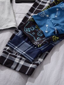 SHEIN 4 Random Sets Out Of 1 Pajama Set: Boys' Simple Gentleman Plaid Long Sleeve Solid Color Pocket Top Homewear + Iridescent Game Console + Letter Print - Multicolor - View 6