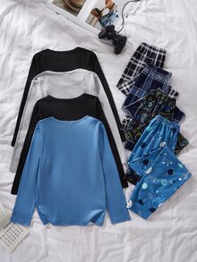 SHEIN 4 Random Sets Out Of 1 Pajama Set: Boys' Simple Gentleman Plaid Long Sleeve Solid Color Pocket Top Homewear + Iridescent Game Console + Letter Print - Multicolor - View 2