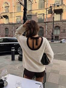Serisse Women's Colorblock Back Cutout Tie Design Long Sleeve Sweater Fall Dark Academia Coquette Oversized Knit - Apricot - View 3