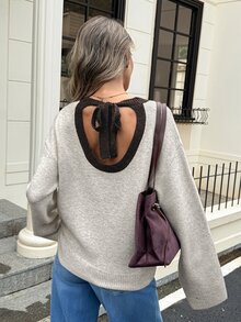 Serisse Women's Colorblock Back Cutout Tie Design Long Sleeve Sweater Fall Dark Academia Coquette Oversized Knit - Apricot - View 4