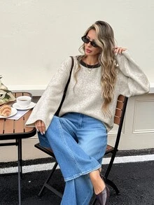 Serisse Women's Colorblock Back Cutout Tie Design Long Sleeve Sweater Fall Dark Academia Coquette Oversized Knit - Apricot - View 8