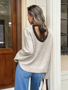 Serisse Women's Colorblock Back Cutout Tie Design Long Sleeve Sweater Fall Dark Academia Coquette Oversized Knit - Apricot - View 7